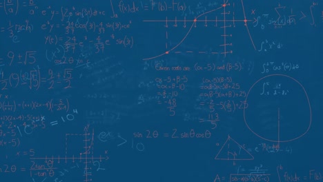 animation of mathematical equations and diagrams floating against blue background