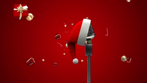 Animation-Einer-Weihnachtsmütze-Auf-Einem-Vintage-Mikrofon-Mit-Fallenden-Weihnachtsgeschenken-Auf-Rotem-Hintergrund