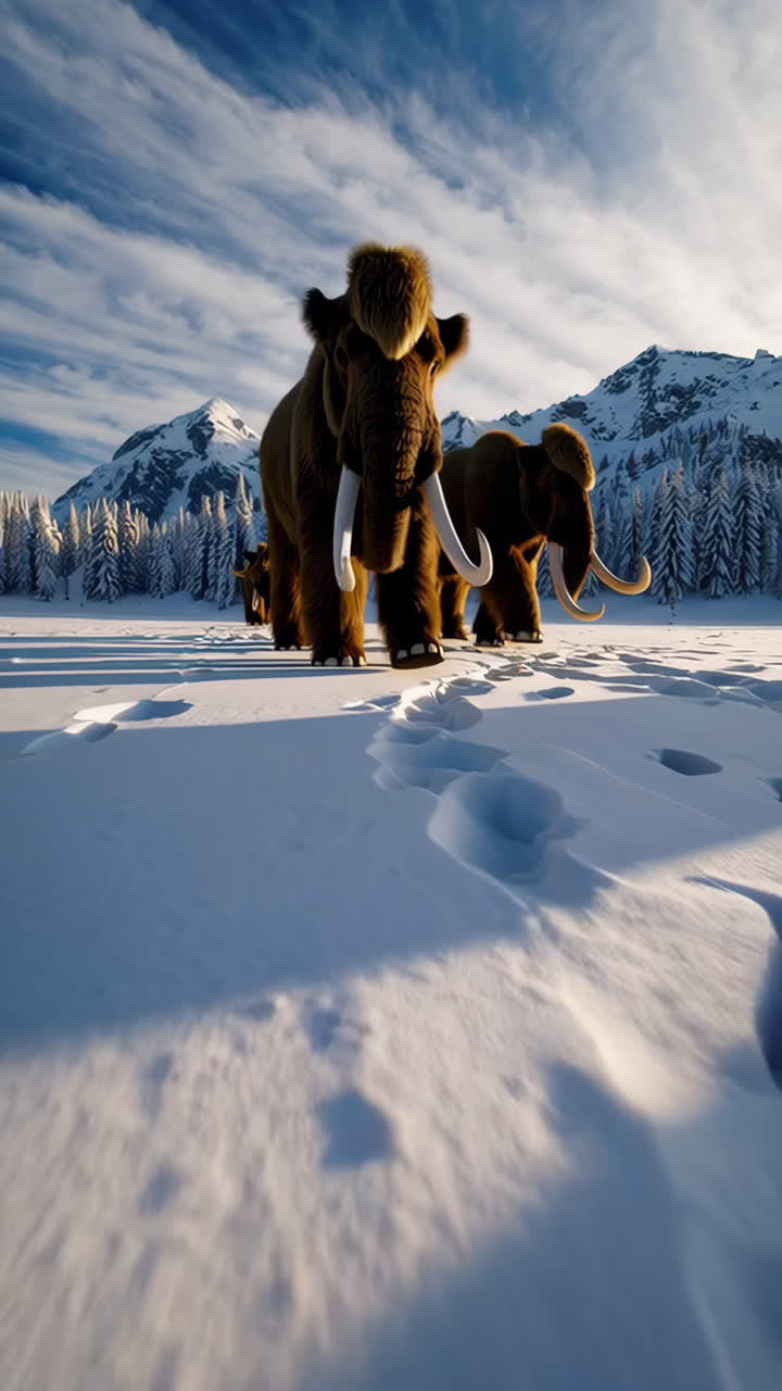 Mammoths in a Snowy Mountain Landscape