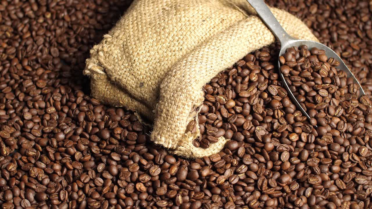 Coffee Beans With Bag And Scoop, Video In 4K, 50Fps