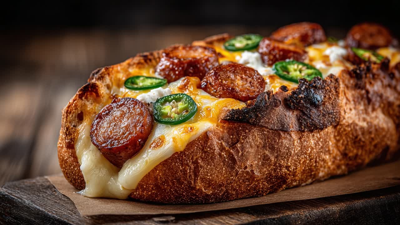 Pane deliziosamente cotto al forno, guarnito con formaggio, salsiccia e jalapeños, tostato alla perfezione per una delizia culinaria irresistibile.