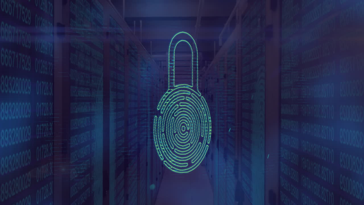 animación de bloqueo de huellas dactilares sobre servidores de datos en una habitación débilmente iluminada