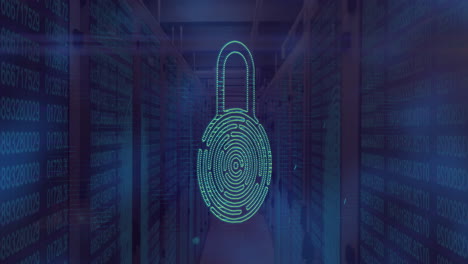Fingerprint lock animation over data servers in dimly lit room