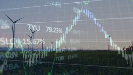 animation of financial and stock market data processing against spinning windmills on grassland