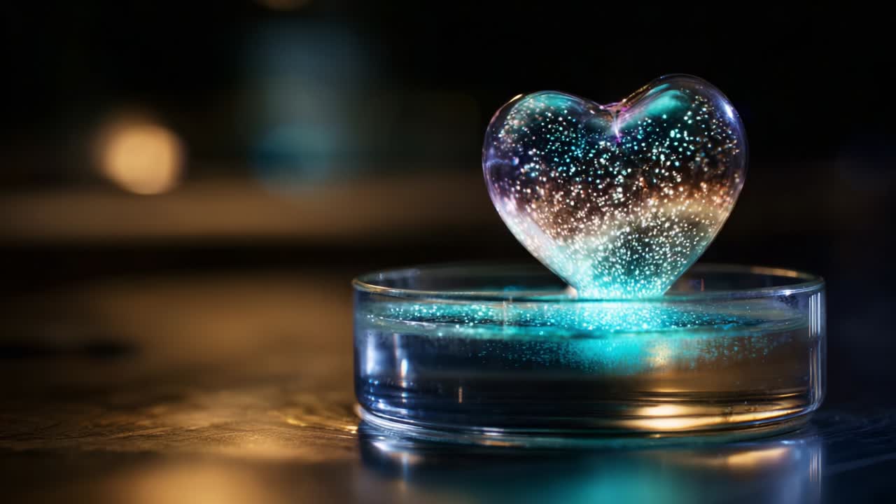 Captivating Heart-Shaped Crystal with Glittery Glow in a Glass Dish, Radiating a Mesmerizing Aura, Illuminated Against a Dark Background, Perfect for Romantic or Dreamy Aesthetic Displays