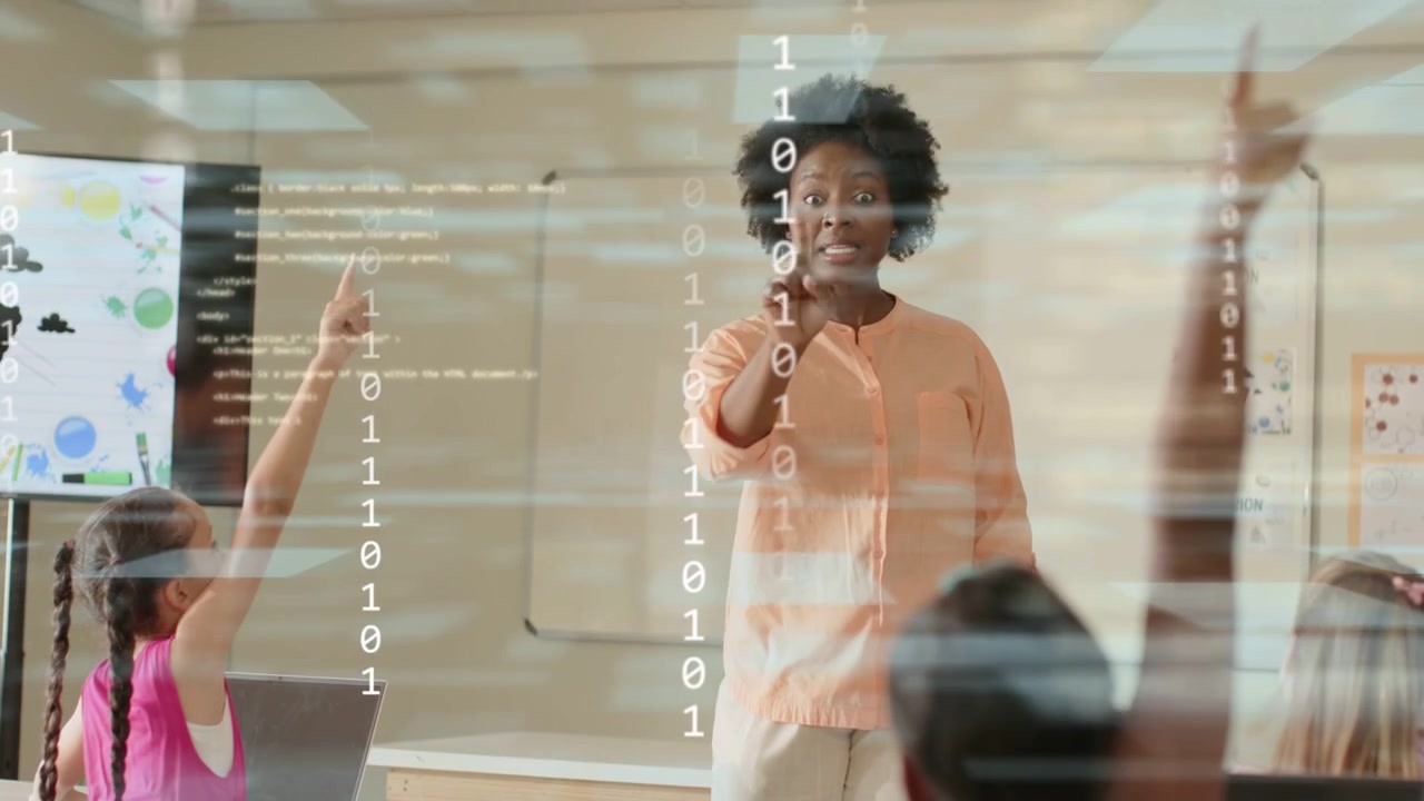 Female teacher asking question, calling on students raising hands with binary overlaying class