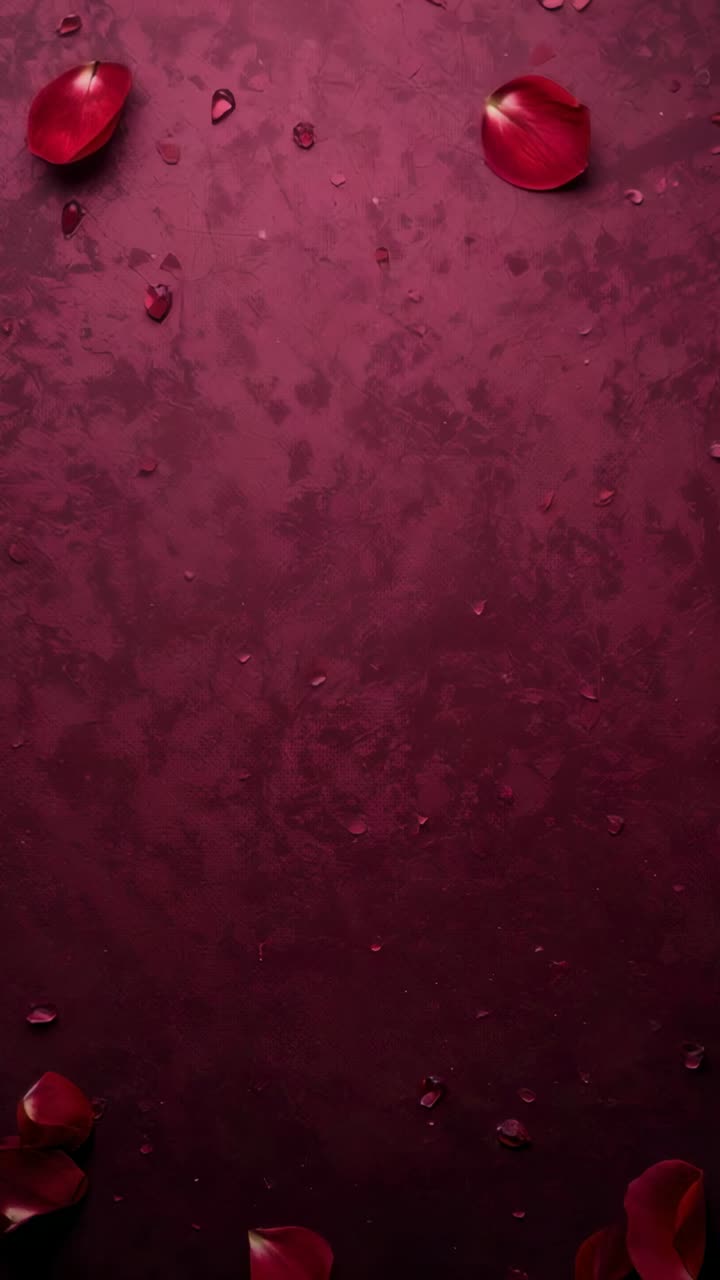 Vidéo verticale : pétales de rose rouge et gouttelettes se déplaçant après le changement de frame sur un arrière-plan de studio bordeaux
