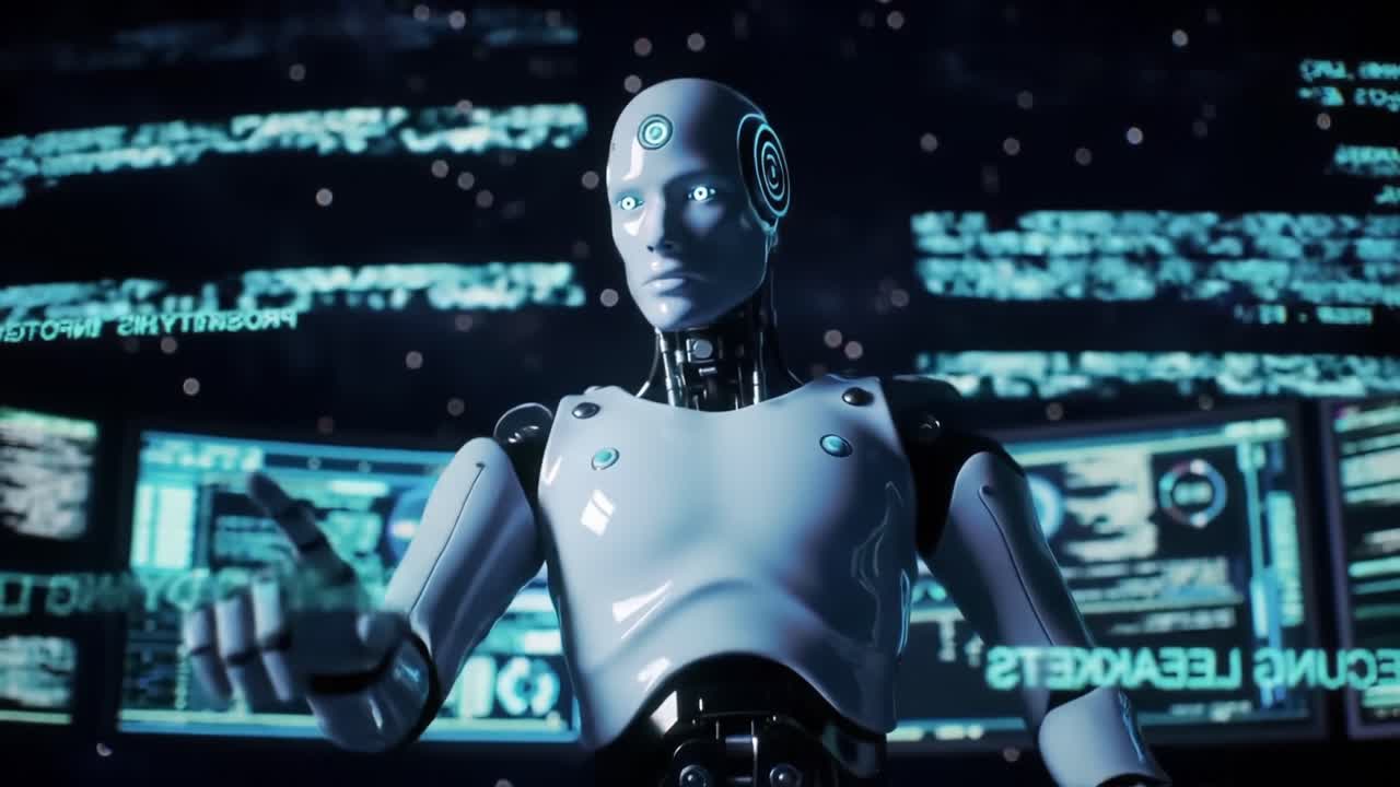 A Futuristic Robot Engaging with Advanced Technology in a Data-Driven Environment Highlighting Security and Digital Interaction