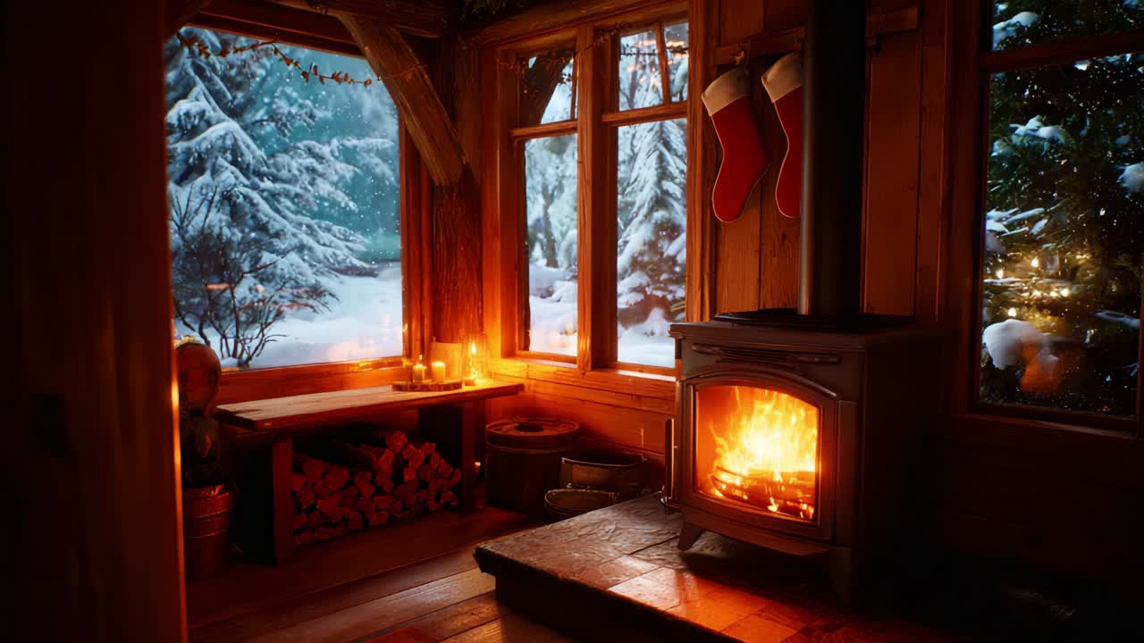 Cozy Winter Retreat: A Warm and Inviting Cabin Scene with a Flickering Fireplace, Soft Glow from Candles, and Snowy Landscape Visible Through Frosted Windows