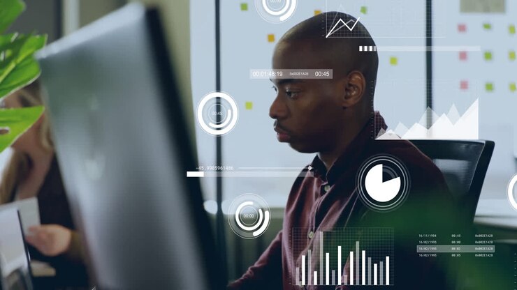 Animation of data processing over diverse business people in office