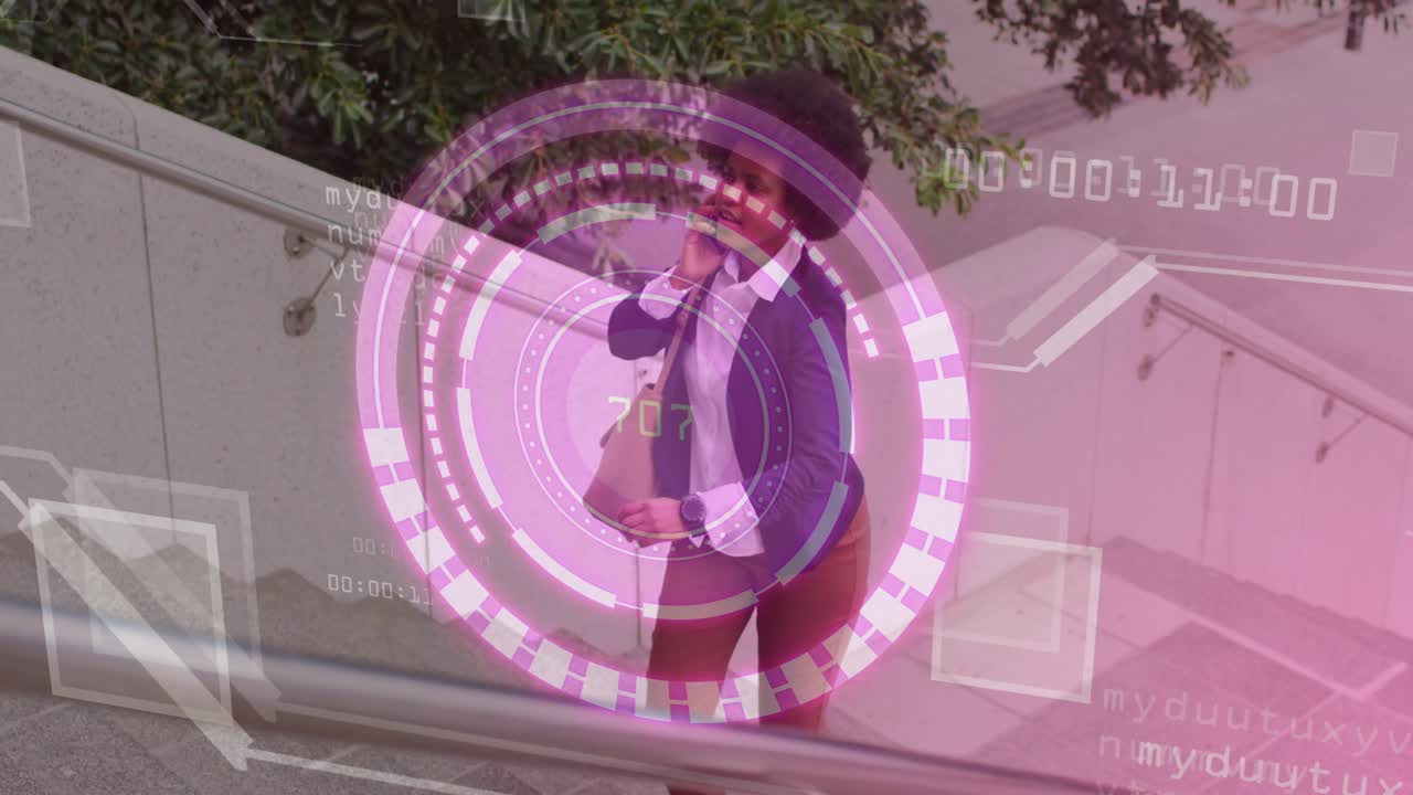 Corporate user picking up phone while climbing stairs and monitoring countdown HUD tracking time