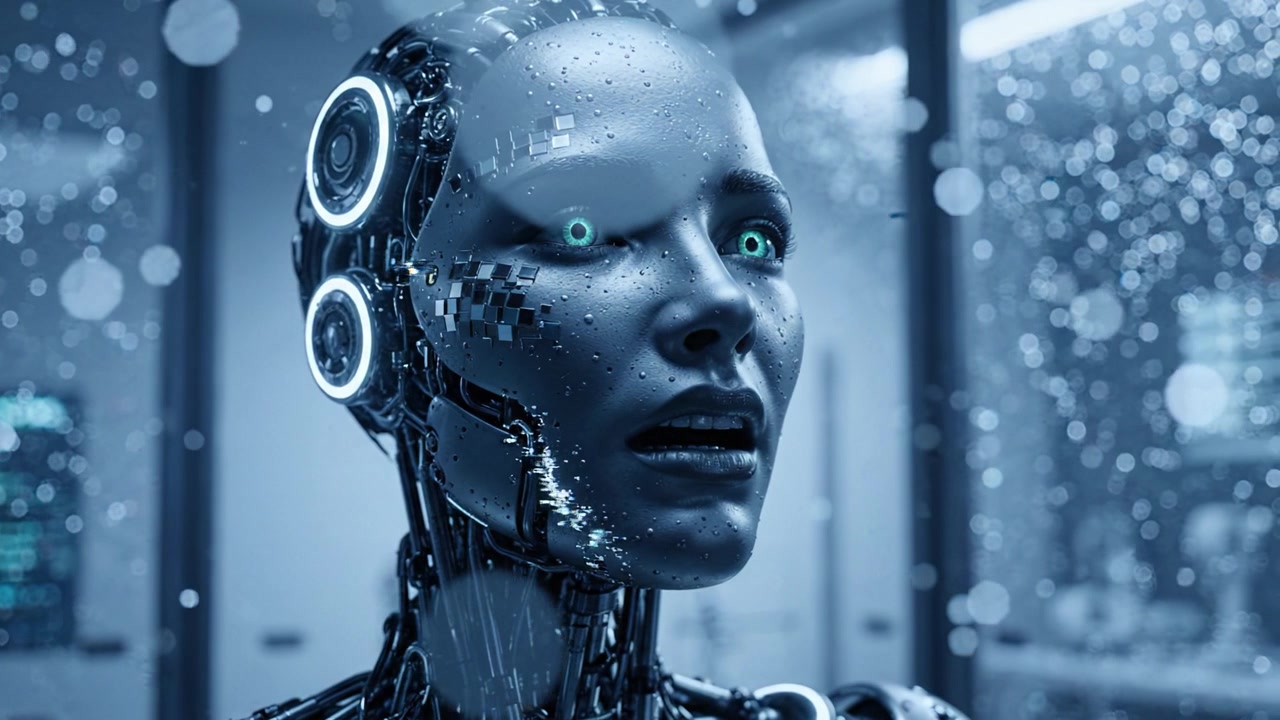 Un robot femminile ad alta tecnologia con occhi blu luminosi contempla la sua esistenza in un ambiente futuristico, circondato da particelle fluttuanti e riflessi