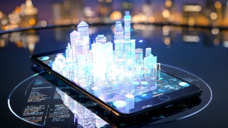 smartphone displaying futuristic cityscape visuals at night