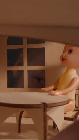little girl suffering from cold peeks through window of miniature wooden house with doll at table and bunk bed in dark room closeup zoom in
