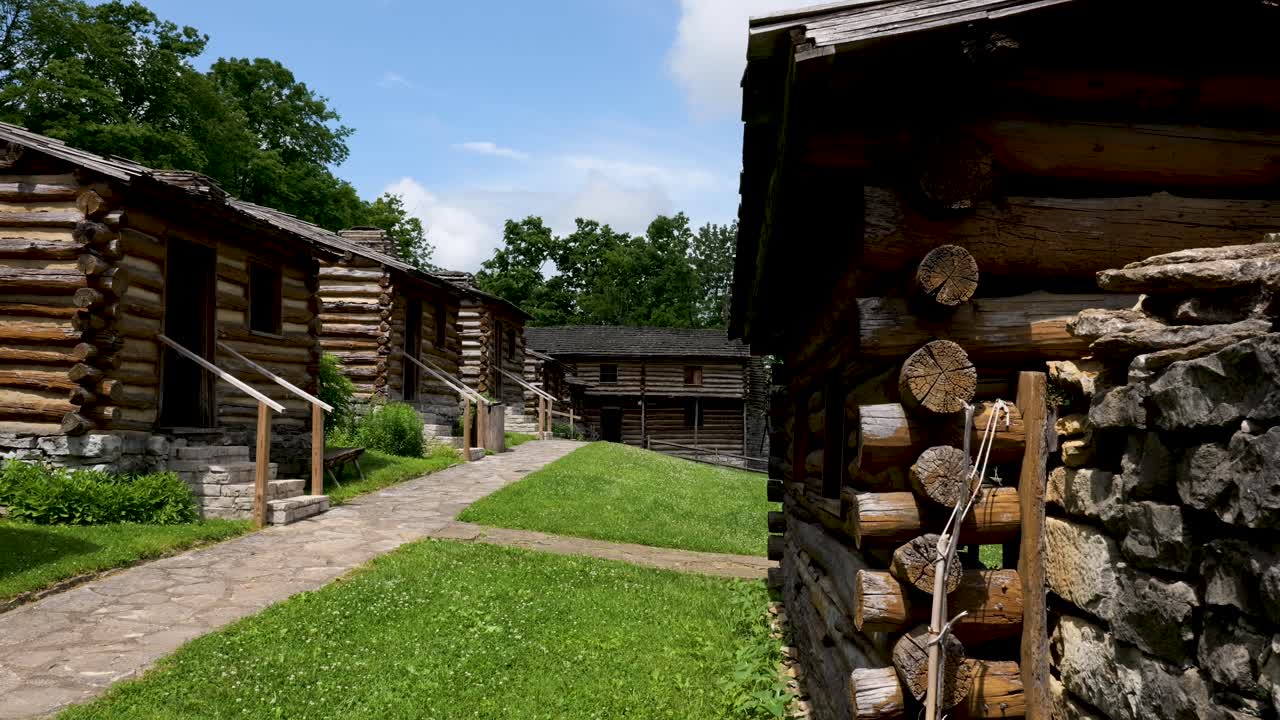 Cabins and grounds at Fort Harrod State Park in Harrodsburg, Kentucky which is a recreation of the original fort built in the 1770s.