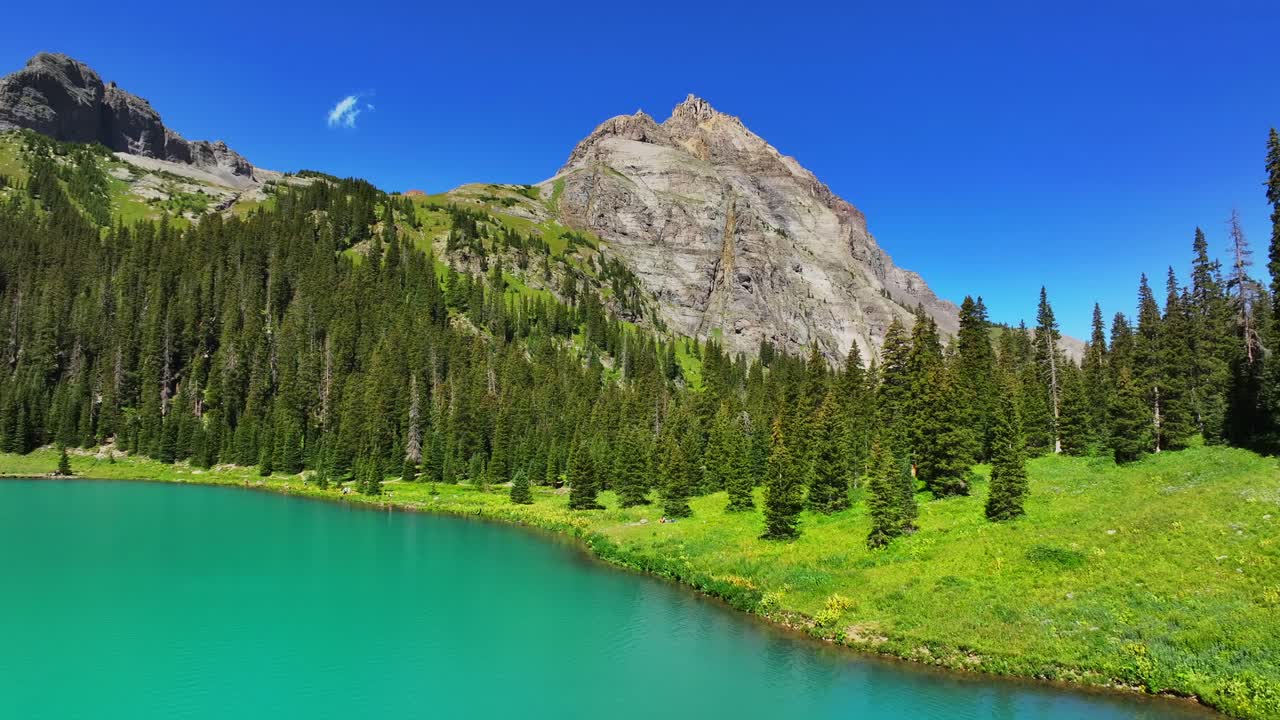 Bright Sunny Lower Blue Lakes Mount Sneffels Wilderness drone forward summer Ridgway Telluride Colorado Rocky Mountains Uncompahgre National Forest San Juan Dallas Range hiking trail green saturated
