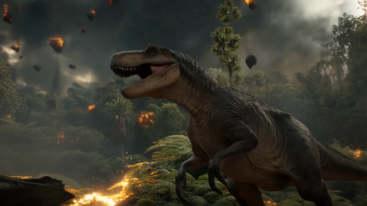 Prehistoric Cataclysm: A Dinosaur's Last Stand Amidst Extinction