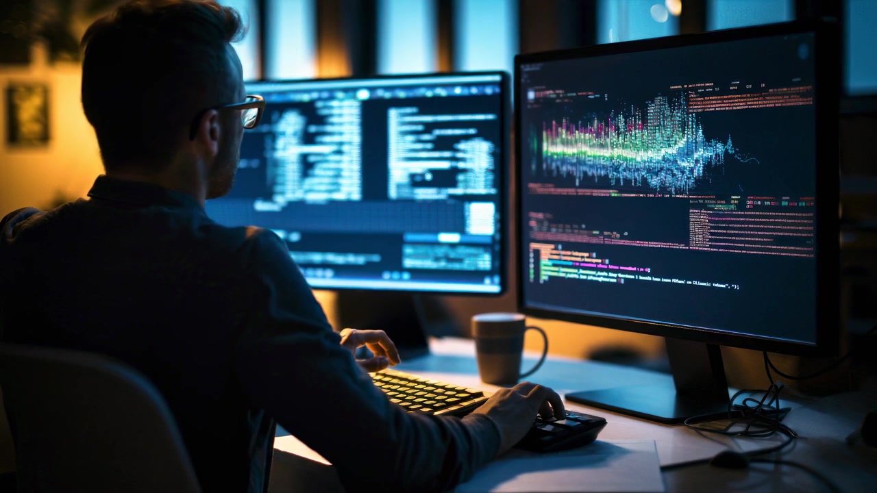 Programmer Coding and Analyzing Data on Dual Monitors at Night