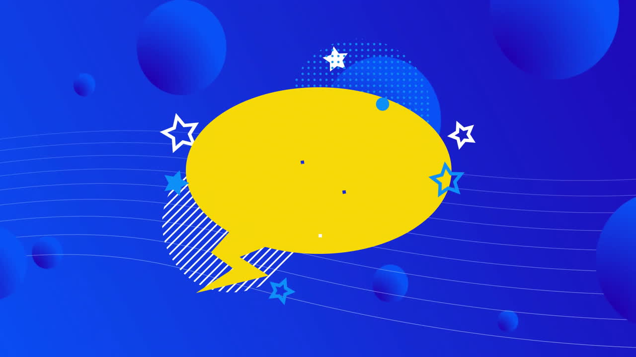 Yellow speech bubble with stars animation over blue background with abstract shapes