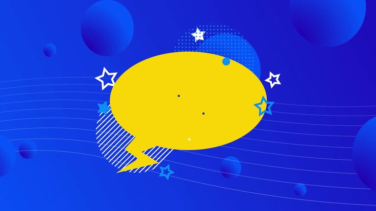 Yellow speech bubble with stars animation over blue background with abstract shapes