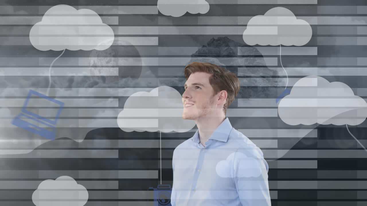 animación de un hombre de negocios con nubes e iconos digitales