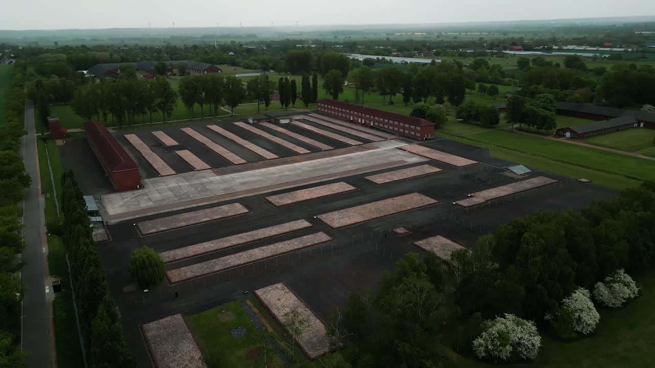 aeerial shot around the memorial site of Neuengamme concentration camp during ww2 near Hamburg on an overcast day in Germany