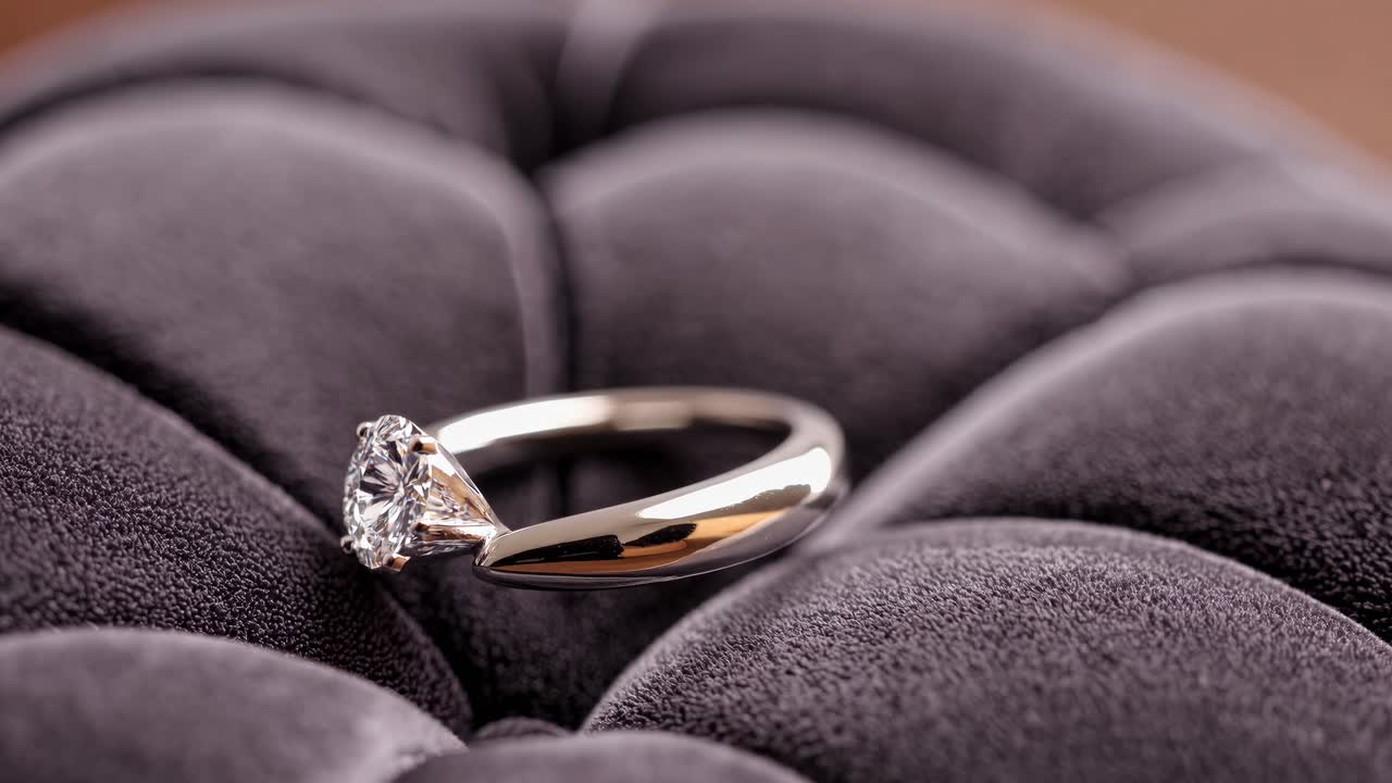 Inquadratura video ravvicinata di un anello di diamanti su tessuto felpato, che mette in risalto l'eleganza e il lusso da una bassa angolazione.