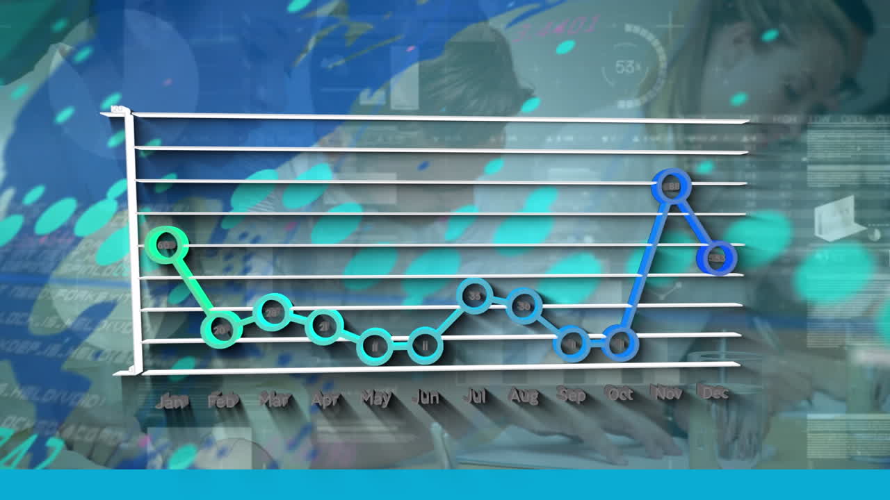 다양한 사업가들의 사무실에 대한 금융 그래프와 세계 지도의 애니메이션