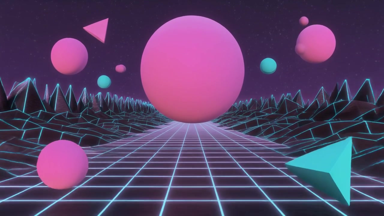 Paesaggio retro synthwave con forme geometriche fluttuanti