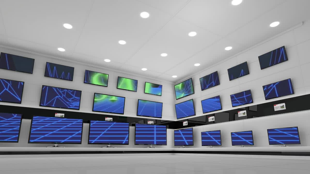 상점 디스플레이에서 여러 플래트 스크린 tv를 가로질러 텍스트 판매와 파란색 그리드의 애니메이션