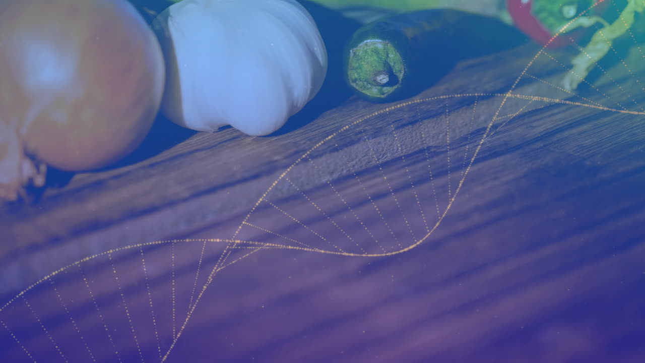 Onion, squash, cucumber being displayed on wood board, with golden helix overlay in purple gradient