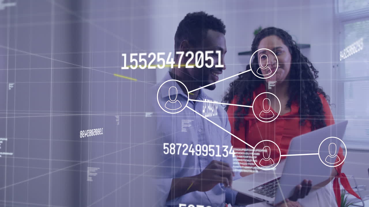 Animation of connected icons, changing numbers and letters, diverse coworkers discussing reports