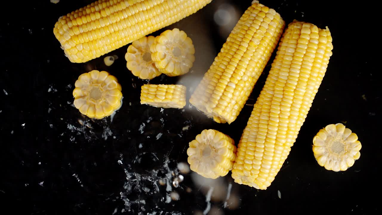 gotas de agua caen sobre los pedazos de maíz.