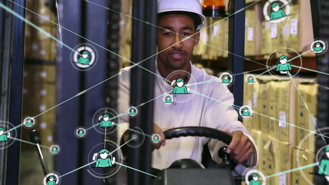 Driving forklift in warehouse, worker connected to network animation for logistics