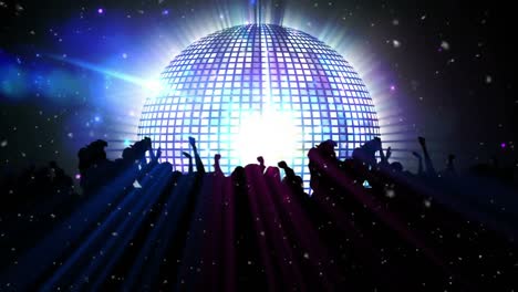 animation of disco mirror ball spinning and people dancing on blue background