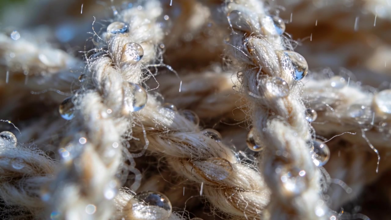 Nebbia che si raccoglie, spago intrecciato che forma goccioline in una macro all'aperto con fibre sciolte che mostrano il blu.