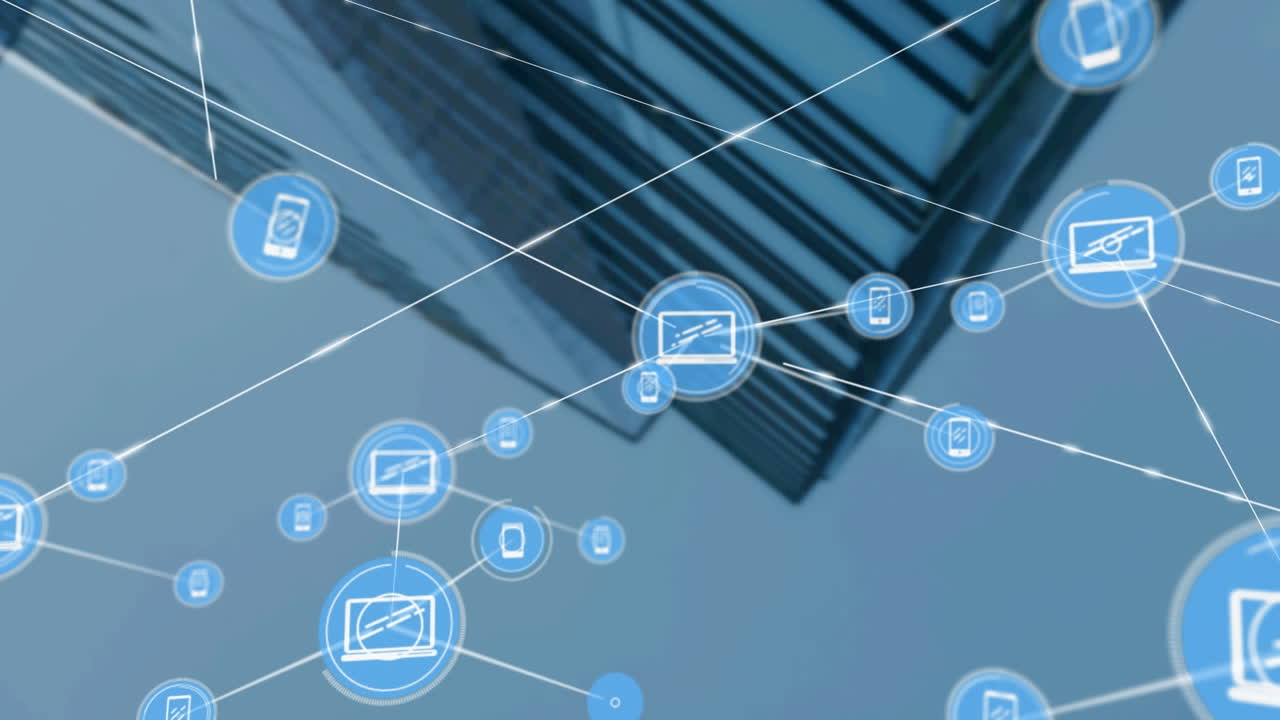 현대적인 건물 위의 아이콘과 연결 네트워크의 애니메이션