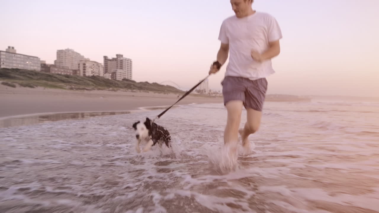 Uomo felice che corre con il cane sulla spiaggia, ripresa steadicam di stile di vita.