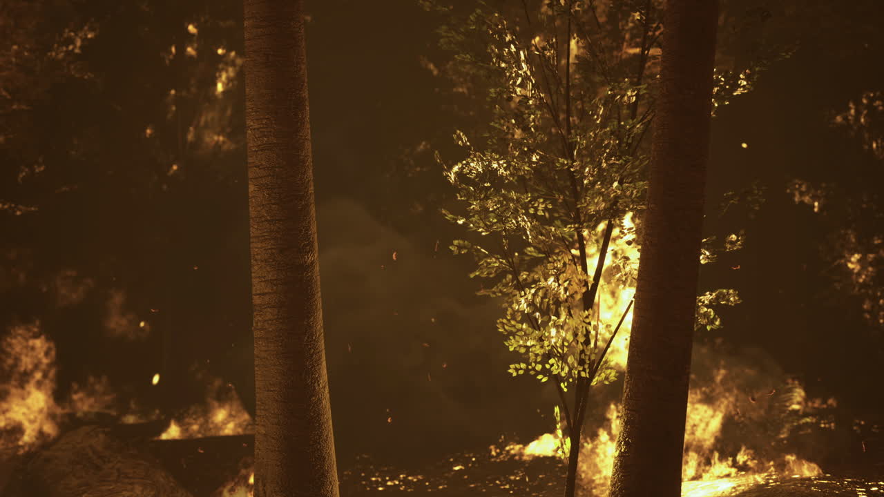 숲의 불은 밤에 불타는 나무와 식물들을 삼켜버린다.