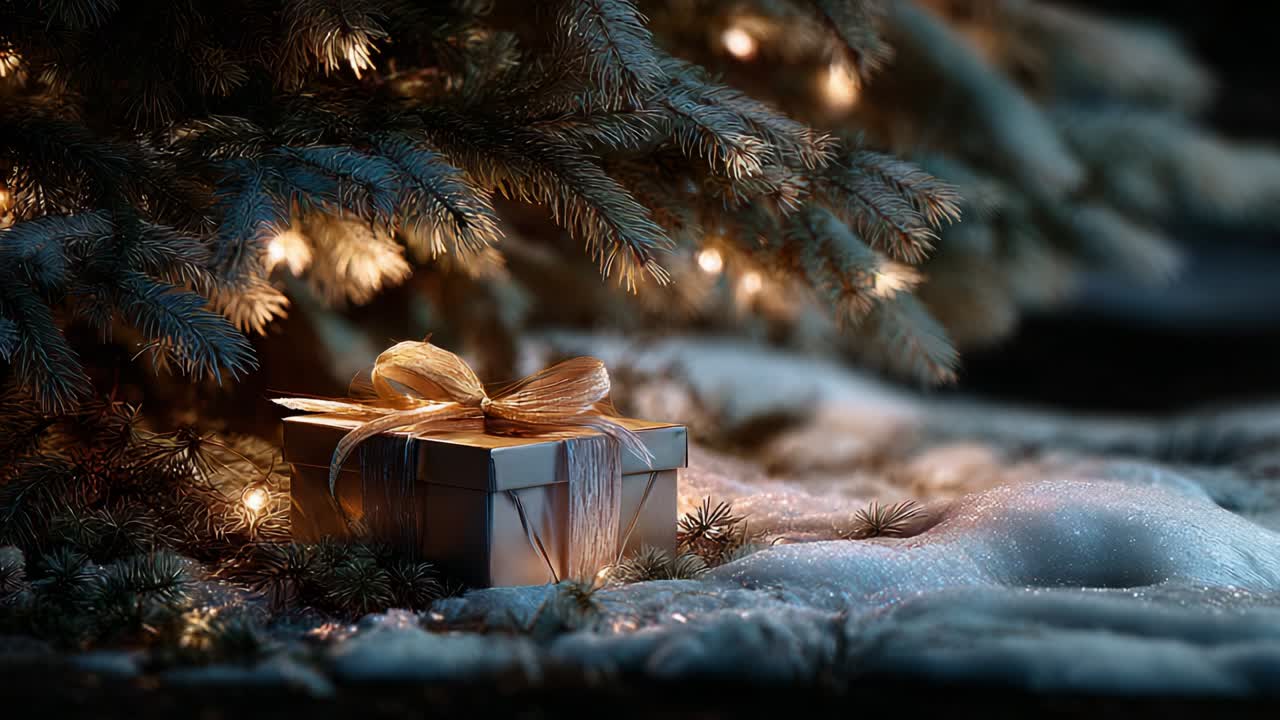 A beautifully wrapped gift box sits gracefully beneath a snow-covered pine tree adorned with twinkling lights, creating a cozy and enchanting winter wonderland atmosphere for the holiday season
