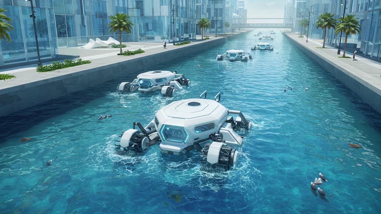 Futuristic Watercraft Navigating a Modern Canal with Lush Surroundings and Advanced Urban Architecture in a Vibrant, Innovative Cityscape