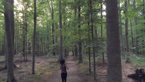 solo woman jogging in woodlands