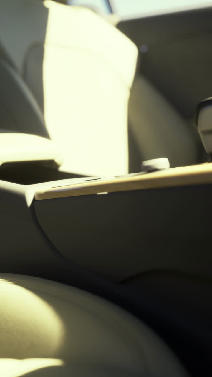 Vista ravvicinata degli interni dell'auto che mostra la leva del cambio e la console in una giornata di sole.
