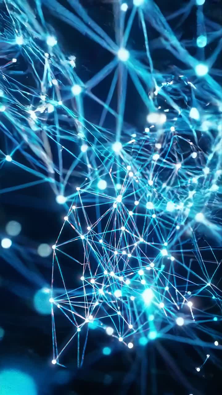 Dynamic video of glowing blue network nodes and lines, captured from a low-angle