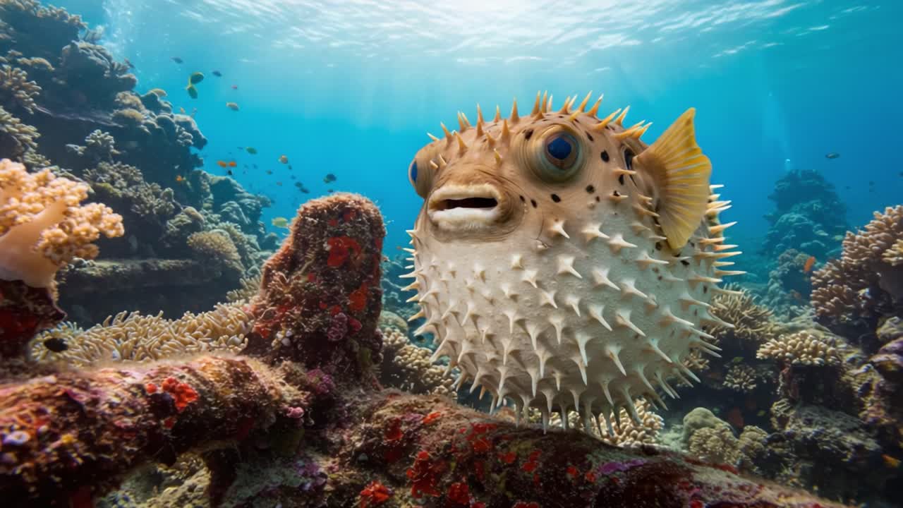 Una vivace scena sottomarina con un pesce palla giocoso tra colorate barriere coralline, che mostra le meraviglie della natura in un ecosistema marino.