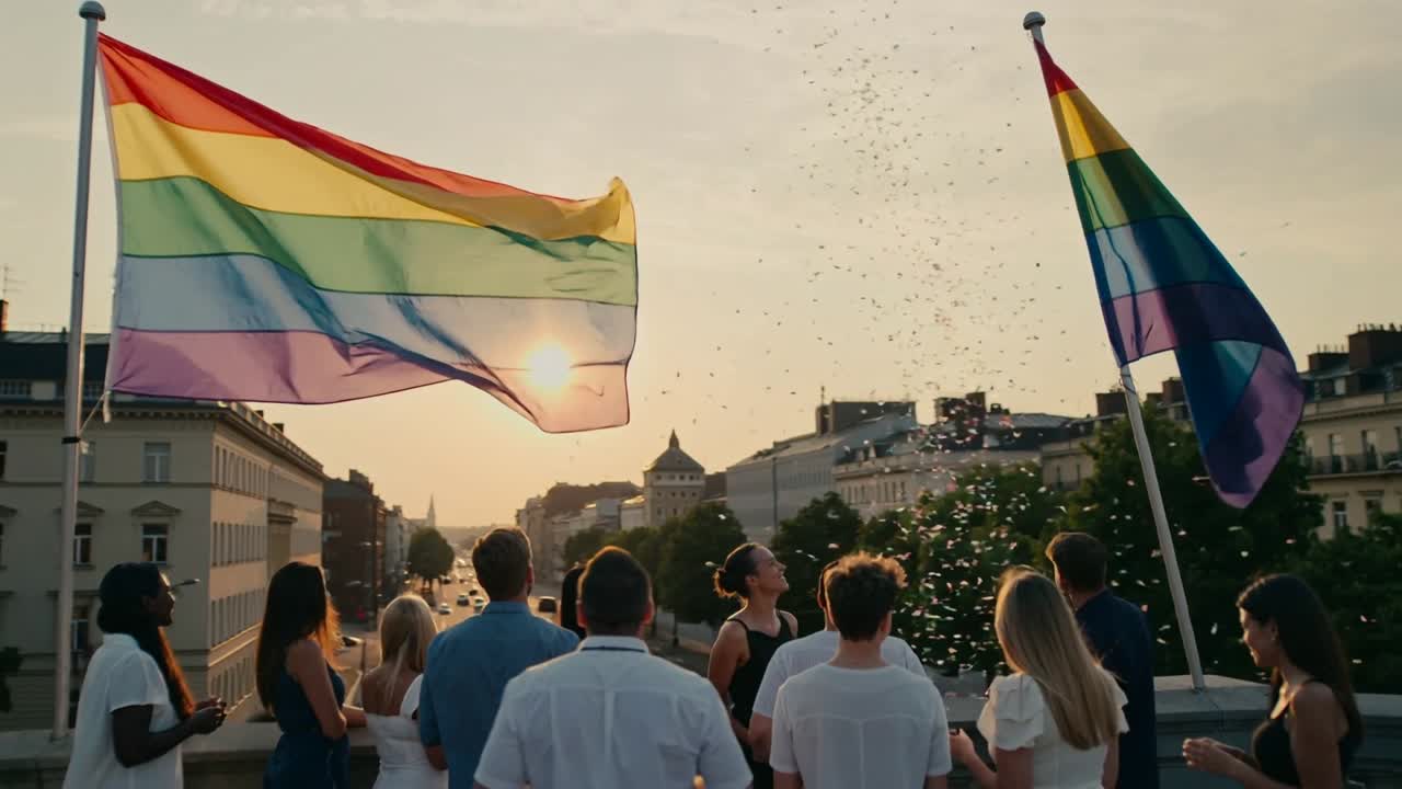 Gruppo su un tetto in abiti estivi reagisce all'inizio dei coriandoli, alzando i calici con bandiere arcobaleno.