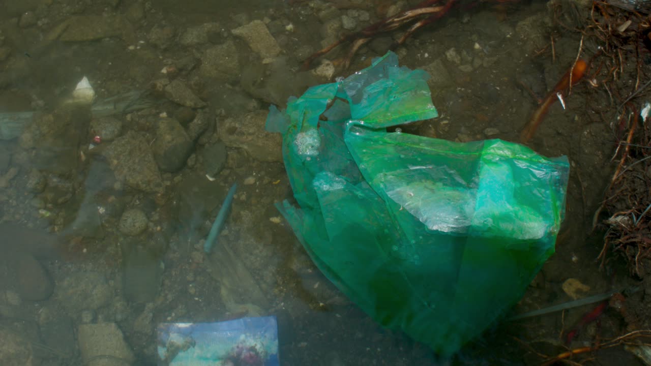 Acqua limpida ma inquinata e piena di rifiuti.