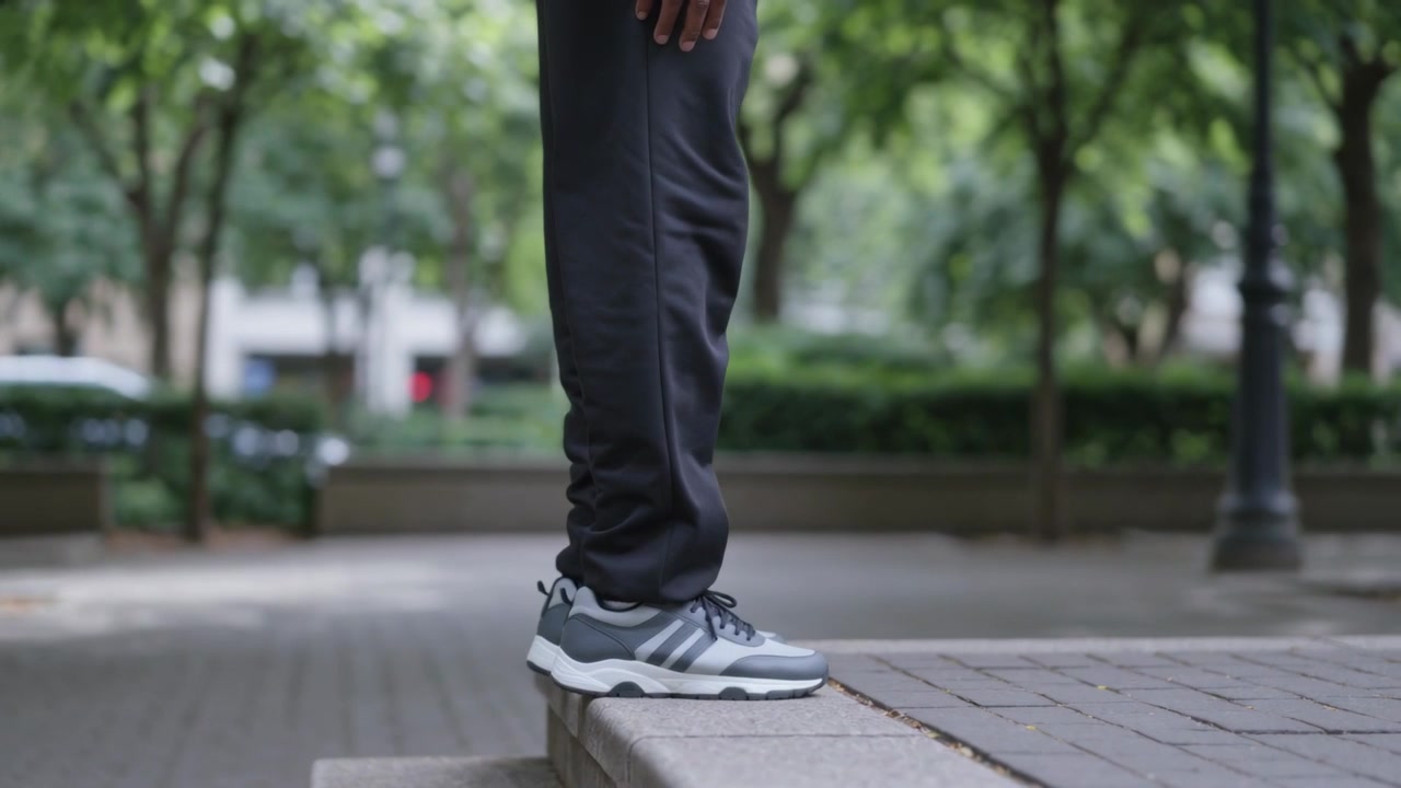 Crouching adult male standing up on urban plaza ledge, wearing track pants, preparing to step down
