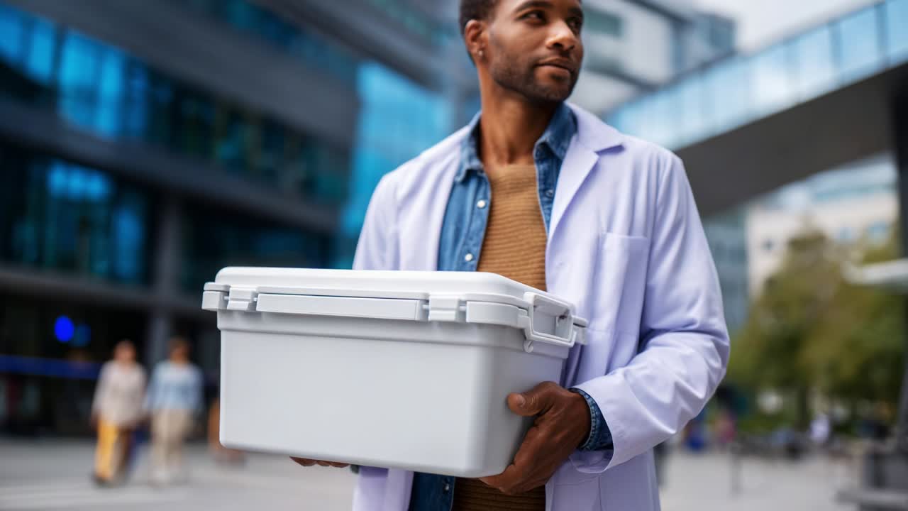 A focused individual in a lab coat carrying a portable white container, showcasing a blend of professionalism and concentration in an urban setting, encapsulating dedication and purpose in their task