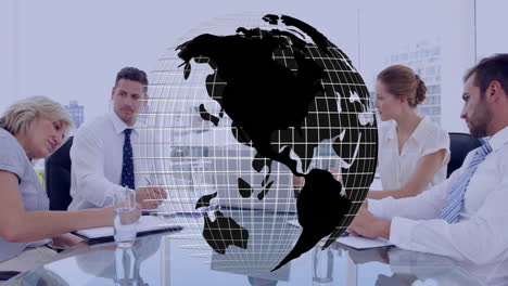 in office, business meeting with animation of globe overlaying scene